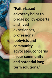 "Hands holding apples with an overlaid quote about faith-based advocacy."