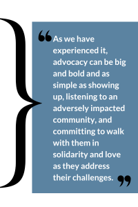 Blue rectangle with text about advocacy and community support, framed by a black curly brace on the left.