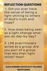 A graphic with reflection questions on a background of golden sun rays and clouds.